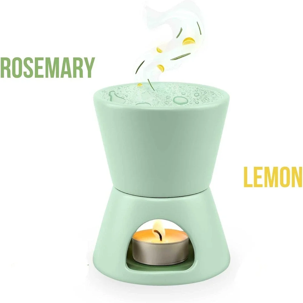 Brookstone Ceramic Oil Warmer Set Sage Grn Rosemary Yuzu Essential Oil 6 Candles